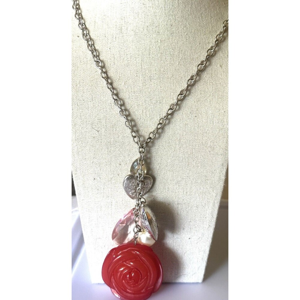 Coral Red Rose Pendant Necklace Silver Tone Hearts Pink Beads 28”